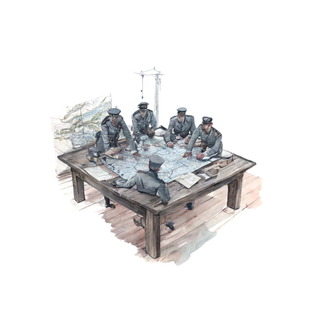 Officers in grey greatcoats lean over a campaign map spread on a wooden table.